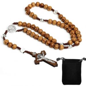 Chapelet catholique, Perles de Pri&egrave;re en Bois Naturel avec Croix M&eacute;daille J&eacute;sus Christ Saint Beno&icirc;t, pour Chr&eacute;tiens Catholiques Communion Religieuse, Bapt&ecirc;me, Messe, Bible（Brun） (HengShuiHunBengShangMaoYouXianGongSi, neuf)