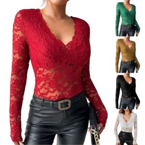 Chemisier Femme Chic Et &Eacute;l&eacute;gant - Haut Transparent Noir Femme Sexy Pas Cher Manches Longues Top Transparent Thermique Col V T-Shirt Hiver Soiree sous Vetements(Rouge,L) (uxxnjfg, neuf)