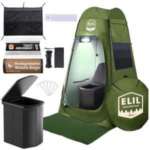 Tente de Douche Camping avec Lampe LED Capteur &ndash; 190 cm Hauteur x 150 cm Largeur &ndash; Cabine Pop Up Pliante avec Toilette Portable, Tapis de Sol, Sac de Transport, Sacs Biod&eacute;gradables et Poudre Chimique (Elil Design, neuf)