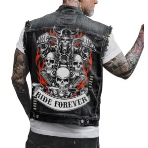 Agiyenna Veste en Jean Sans Manches pour Hommes Punk Gothique Motard Mode Veste en Jean Veste Imprimée Tête de Mort Manteau Vêtements D'extérieur Tendance avec Boutons Veste de Loisirs en Plein Air (Modern Fashion Vibe, neuf)
