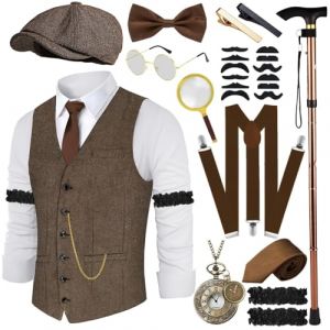 Costume Homme Ann&eacute;e 20 Gilet avec Accessoire Bretelles, Loupe B&eacute;quilles Montre De Poche Barbe B&eacute;Ret Lunettes Pince &agrave; Cravate 1920S Gangster Mafia pour Hommes, Cosplay de Carnaval d'Halloween (dafengyao, neuf)