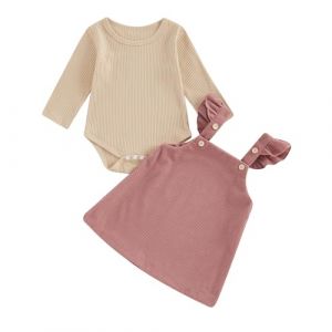 Carolilly Nouveau-né Bébé Fille Vêtements 3Pcs Ensemble Jupe Porte Jarretelles et Haut Combinaison à Volants Manches Longues + Bandeau Tenue Set Infantile Automne Hiver 0-18M (Kaki Rose, 3-6 Months) (BAOLILU, neuf)