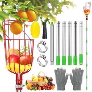 Cueille Fruit,2.6M Outils de Cueillette des Fruits avec Levier Réglable,Cueilleur de Fruits Amovible,Cueille Cerise,Cueille Pomme Livré avec Poteau en Acier Inoxydable, Tampon éponge et Panier (HUOHUOHUO, neuf)