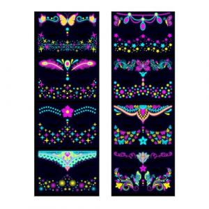 BaronHong Tatouages temporaires phosphorescents pour le visage, autocollants UV néon papillon et fleurs, décorations pour festivals, bars et fêtes (lot de 8), taille M (BaronHong, neuf)