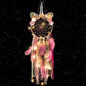 CHMMY Attrape Rêve Licorne LED,Decoration Chambre Fille Fait Main Lumineux Attrapeur de rêves Plume Tapisserie Bohémien Accueil Chambres Mur Pendaison Mariage Décoration (Dreamcatcher-1) (zexingxinxi, neuf)