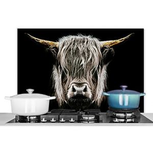 KitchenYeah&copy; Anti &Eacute;claboussure Cuisine 90x60 cm Aluminium Plaque Anti Chaleur Cr&eacute;dence sur Mesure Protection Mur Credence+Cuisine Highlander &eacute;cossais - Or - Cornes - Noir et Blanc - Vache - Animaux (KitchenYeah, neuf)
