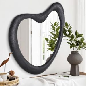HLFMVWE Miroir mural irrégulier avec cadre en bois, noir, asymétrique, grand 70 x 50 cm, accent moderne pour salle de bain, meuble-lavabo, salon, chambre à coucher, couloir, entrée (HLFMVWE, neuf)