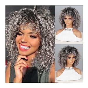 Perruque Cosplay Pour femmes Afro Kinky Bouclés Perruques Avec Une Frange for Perruques Synthétiques Cheveux Naturels Argent Gris Perruque Cosplay Fibre Résistant À La Chaleur Glamour perruque (minghuaouzhou, neuf)