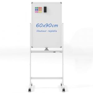 COSTWAY Tableau Blanc Effacable 60 x 90 cm, Tableau Blanc sur Pieds Double Face, Hauteur Réglable sur 2 Positions, Tableau Blanc Magnetique Roulettes pour École, Bureau(Blanc) (FDS GmbH, neuf)