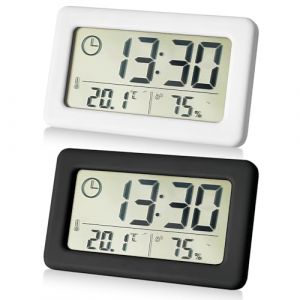 WIYETY Lot de 2 thermomètres-hygromètres électroniques : petite horloge avec température et humidité ℃/℉, réveil numérique avec aspiration magnétique, à suspendre et à poser, pour la maison, les (2222BUY, neuf)