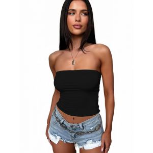 Sukiglam Bandeau Tube Top Femme Sexy Hauts &Eacute;t&eacute; sans Bretelles D&eacute;bardeur sans Manches Court Basic Crop Tops &Eacute;lastique Slim Fit Shirt Dos Nu Y2K Casual Couleur Unie Bustier Sport Chemise (Sukiglam Store, neuf)