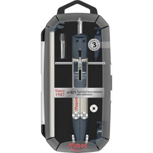 Maped - Compas Technique Métal avec Allonge n°421 - Réglage Rapide par Levier - Vis Micrométrique - Gamme Since 1947 - Précision & Robustesse - Coffret Inclus - Garantie 3 Ans (lalp13012, neuf)