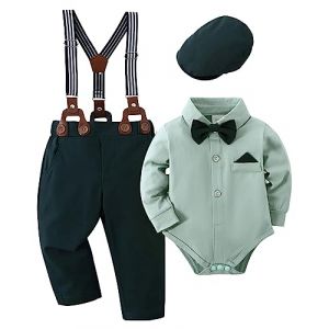 Amissz Tenue Bébé Garçon pour Bébés Costume Bapteme, Vêtement Mariage Bebe Chemise + Bretelle + Chapeau Gentleman Ensemble Vert 3-6 Mois (Amissz-EU, neuf)