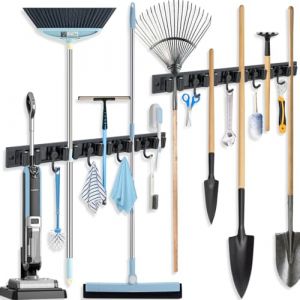 Airminti Accroche Balai Mural, Porte Balais Mural 2 Pi&egrave;ces avec 5 Emplacements et 4 Crochets, Support Balais Mural Amovible Acier Inoxydable, Porte Balais Mural sans Percage Pour Jardin (2, black) (YVE POWIS LIMITED, neuf)