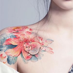 Tatouage Ephemere Tatouages Temporaires Autocollant De Lotus F&eacute;minin De Simulation Durable Et Imperm&eacute;able De Fleur De Carpe Ukiyoe De Dos De Style Japonais, Grandes Et Petites Images (ZhouKouShiXinRuiJianSheGongChengYouXianGongSi, neuf)
