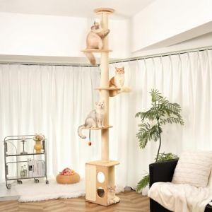 MEWOOFUN Griffoir Haut Plafond, Tendeur de Plafond Arbre à Chat, Troncs épais réglables du Sol au Plafond, Tour à Chat avec hamac et Grotte pour Chat, réglable en Hauteur (257-275 cm), Beige (MewooFun, neuf)