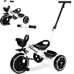KRIDDO 2-en-1 Tricycle pour Enfants de 18 Mois &agrave; 5 Ans - Poign&eacute;e de pouss&eacute;e Extensible pour Une Conduite sans Effort, Tricycle Cadeau de 3 &agrave; 5 Ans, Tricycle avec Repose-Pieds Avant Pliable, Blanc (LFUN DIRECT, neuf)