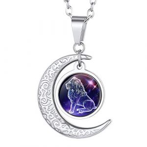Suplight Collier Femme Acier Personnalisable Chaîne Pendentif Lune Lion Signe Astrologique Bijou Moderne Cadeau Accessoire Parfait (Suplight Jewellery, neuf)