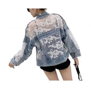 Veste Femme,Veste en Jean Brodée Florale en Dentelle pour Femme Tops en Jean Brut Effiloché sur Mesure Stretch Trucker Casual Outwear Cropped Button Denim Coat Cardigan Jeansjacke pour Les Filles Au (allthemoneycomestomyhouse, neuf)