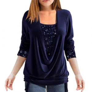 Zeiayuas Chemisier Femme Paillettes Strass Femme Sexy Soir&eacute;E Haut Faux Deuxpcs Ample &agrave; Smocks et Col en U &agrave; Sequins Chemisiers Blouses Femme Manche Longue Chemisier Femme Chic Et &eacute;L&eacute;Gant (⭐⭐⭐⭐⭐Zeiayuas, neuf)