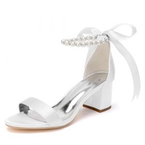 Femme Lacets Chaussures De Robe De Mariage Bout Ouvert Satin Sandales De Mari&eacute;e Talon Moyen &Eacute;pais Chaussures De Soir&eacute;e F&ecirc;te De Bal avec Perles,Blanc,37 EU (YuanMingZuMaoYi, neuf)