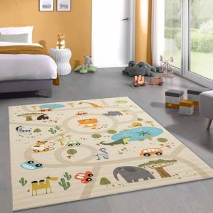 CARPETIA Tapis de Chambre d'enfant Tapis de Jeu Lavable antid&eacute;rapant Safari/Jungle Beige 140x200 cm (Carpetia, neuf)