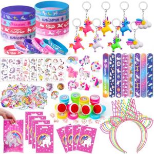 Tacobear 118pcs Kit Anniversaire Licorne Pinata Anniversaire Fille avec Serre-tête Licorne Tampon Bracelet à Claquer Bague Autocollant Tatouage Porte-Clés Sac Cadeau Anniversaire pour Enfants (Tacobear EU, neuf)