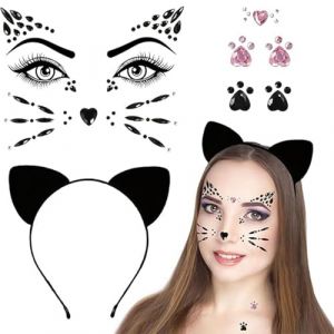 Muorruo Ensemble de serre-t&ecirc;te oreilles de chat 3 pi&egrave;ces avec bijoux de visage, serre-t&ecirc;te oreilles de chat avec autocollants de bijoux de visage, accessoires de costume pour adultes, maquillage, (quancheng store, neuf)