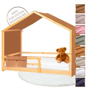 Lovely Hippo Toile de Lit Cabane 100% Coton - Ciel de Lit Cabane pour Lit Montessori 80x160, 90x190, 90x200 cm - Tissu Oeko-Tex Gots (Cacao/Or + Pochette, 97 x 402 cm + Pochette de Rangement) (VRC Products France, neuf)