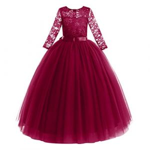 Fille Robe de Demoiselle d'honneur Princesse Dentelle Tutu Tulle Mariage Robe Longue de Soir&eacute;e Formelle F&ecirc;te d'anniversaire Soir&eacute;e C&eacute;r&eacute;monie Manches 3/4 Robe de Premi&egrave;re Communion Vin Rouge 11-12 Ans (FYMNSI store, neuf)