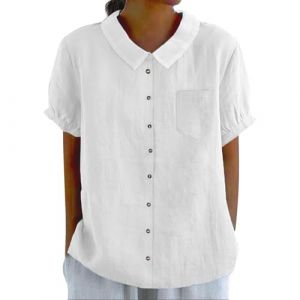 Chemise boutonnée en lin pour femme, col claudine, vêtements mignons, chemisier d'été décontracté à manches courtes avec poche, blanc, S (JingLanDianQi (7-15 Days Fast Delivery), neuf)