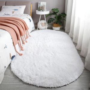 Treer Tapis Salon Ovale Tapis Grande Taille Chambre Modernes, Couleur Unie Soft Tapis De Salon Tapis &agrave; Poils Longs Grand Tapis pour Enfant Chambre Salon Chambre &agrave; Coucher (100x200cm,Blanc) (Treer, neuf)