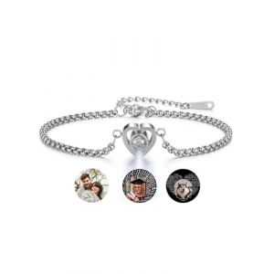 Jovivi Bracelet de Projection Photo Personnalis&eacute; pour Femme avec Image Rond &agrave; l'Int&eacute;rieur, Pendentif Cercl&eacute; le Ziron Acier Inoxydable Cadeau pour Maman Anniversaire Valentine (Coeur-Argent) (kaenmis, neuf)