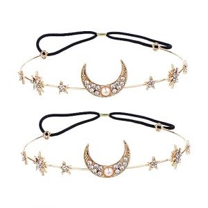 BAZEITFLOW 2 pi&egrave;ces Bandeau Cheveux Femme Perl&eacute; Lune &Eacute;toile avec Accessoire Cheveux Mariage Chic Headband &Eacute;lastique G&eacute;om&eacute;trique pour F&ecirc;te et Photo (KINING, neuf)