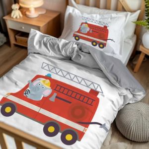 Pictogogo Parure lit garçon 2 pièces – Housse Couette 100 x 135 + taie 40 x 60 – Motif Autopompe/Revers Coton Gris – Microfibre & Coton Oeko-TEX – Fermeture éclair – lit évolutif 70 x 140 (PersonaliseDog, neuf)
