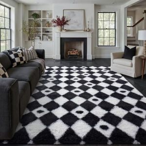 HUGEAR Tapis Salon Shaggy Damier Tapis Chambre Adulte Fille Doux Moelleux Descente de lit Antid&eacute;Rapant Moderne Grand Tapis Noir Blanc 200&times;300cm Decoration Chambrel Motif Geometrique (RONGBEN, neuf)