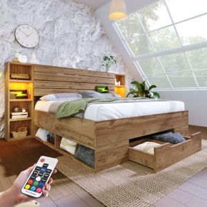 OOIILLEE Lit 180x200 avec LED et USB C, Lit Double 180x200 avec tête de lit et tiroirs de Rangement, Lit Industriel avec sommier à Lattes en métal, Cadre de lit 180x200 en Bois, Chêne (sans Matelas) (OOIILLEE, neuf)