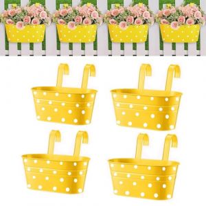 Lot de 4 pots de fleurs suspendus en m&eacute;tal avec trou de drainage - Avec double crochet amovible - Ovale - Pour d&eacute;coration de jardin et balcon - Jaune (ASX-UK, neuf)