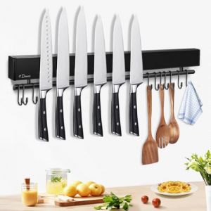 Dmore Barre magnétique pour couteaux avec 10 crochets, 50 cm, porte-couteaux magnétique noir, avec barre à crochets, porte-couteaux aimanté, ruban adhésif et vis, pour couteaux et ustensiles (lystar, neuf)