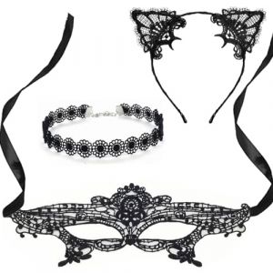 VZXQX 3pcs Serre Tete Oreille de Chat Dentelle Masque Yeux Collier, Noire Déguisement Costume Sexy Chat Serre-Tête Bandeau Cheveux Adulte Femme Fille Halloween Carnaval Cosplay Mascarade Faveurs Fête (JIU JIANG JUYASUI MAOYI YOU XIAN GONGSI, neuf)