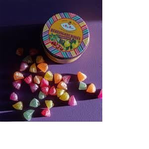 Berlingots rayés. Assortiment de 300 gr en boîte métal. le Roy René (LE PALAIS D EMMA, neuf)