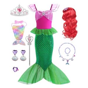Dtiaagto Costume de sir&egrave;ne pour enfants, costume de princesse pour filles de 3 &agrave; 4 ans, d&eacute;guisement de petite sir&egrave;ne avec accessoires, cadeau de f&ecirc;te de No&euml;l (ZHOU, neuf)