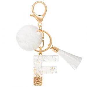 MWOOT Porte Clé Lettre F Peluche Tassel, Initial Résine Personnalisé Keychain Or Blanc, Porte Clef Lettre Pendentif Décoratif, Kawaii Porte Clef Voiture Charm, Idee Cadeau D'Anniversaire pour Femme (vetpw, neuf)