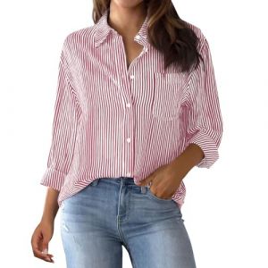 Chemisier Femme Chic Et &eacute;L&eacute;gant, Chemise Femme Ray&eacute;e Boutonn&eacute;e Col Montant Chemise Ample D&eacute;Contract&eacute;e &agrave; Manches Longues avec Poches Haut De Chemise De Travail Classique, Rouge, M (Zawalud, neuf)