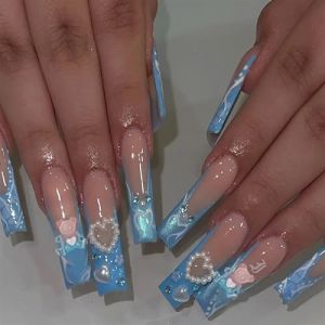 Faux ongles, ongles à presser Faux ongles longs en forme de cercueil avec colle, faux ongles marron portables avec strass, presse de Ballet, couverture complète(11) (zhangtingamz, neuf)