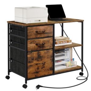 WOLTU Caisson de Bureau, Armoire de Bureau à Roulettes, avec Station de Charge, pour Dossiers Suspendus et Meuble Imprimante, avec 3 Tiroirs, 2 Étagères, 2 Prises, 2 Ports USB, Marron Rustique (WOLTU GmbH, neuf)
