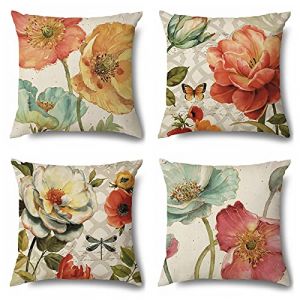 Vgzsyomqib Fleurs Coloré Housse Coussin en Lin Lot de 4 Décoratif Fleuri Moderne Housses Coussin 50x50 Motif Nature Printemps Taie Oreiller Deco Interieur Lit Canapé Salon Exterieur (infinisage, neuf)