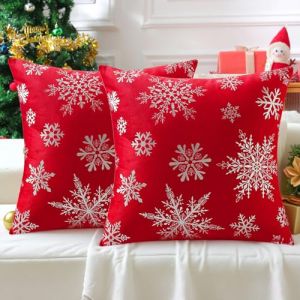 Brylleii Lot de 2 Rouge Housse de Coussin No&euml;l 40 x 40 cm Velours Housse Coussin Noel Decorative Flocon de Neige Argent Canap&eacute; Taie d'oreiller Super Doux D&eacute;corations pour Salon Chambres Canap&eacute; (Brylleii, neuf)