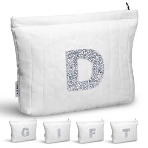 Trousse de Maquillage matelass&eacute;e avec initiales &agrave; Paillettes &ndash; Trousse de Maquillage personnalis&eacute;e, l&eacute;g&egrave;re et r&eacute;sistante aux Chocs, Double Fermeture &eacute;clair avec Doublure en Soie (D, Blanc) (HZYIXUNKEJI-EU, neuf)