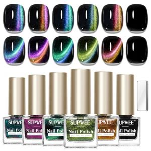 SUPWEE Vernis &agrave; ongles magn&eacute;tique &agrave; s&eacute;chage rapide - 6 couleurs - Sans UV - Haute brillance - Holographique &oelig;il de chat - S&eacute;chage rapide - Noir - Pour la maison et la manucure - 7 ml (gzsj-UK, neuf)